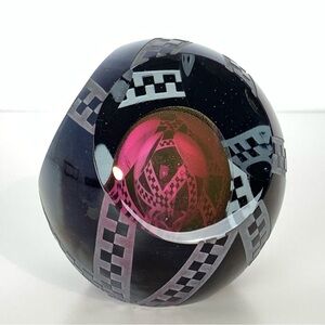 Correia Glass Paperweight 1989 Etched Red Faceted OOAK Escher Stairs Style Vtg